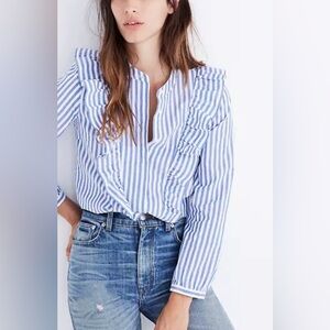 MADEWELL STRIPED RUFFLE FRONT BLOUSE BLUE WHITE XS